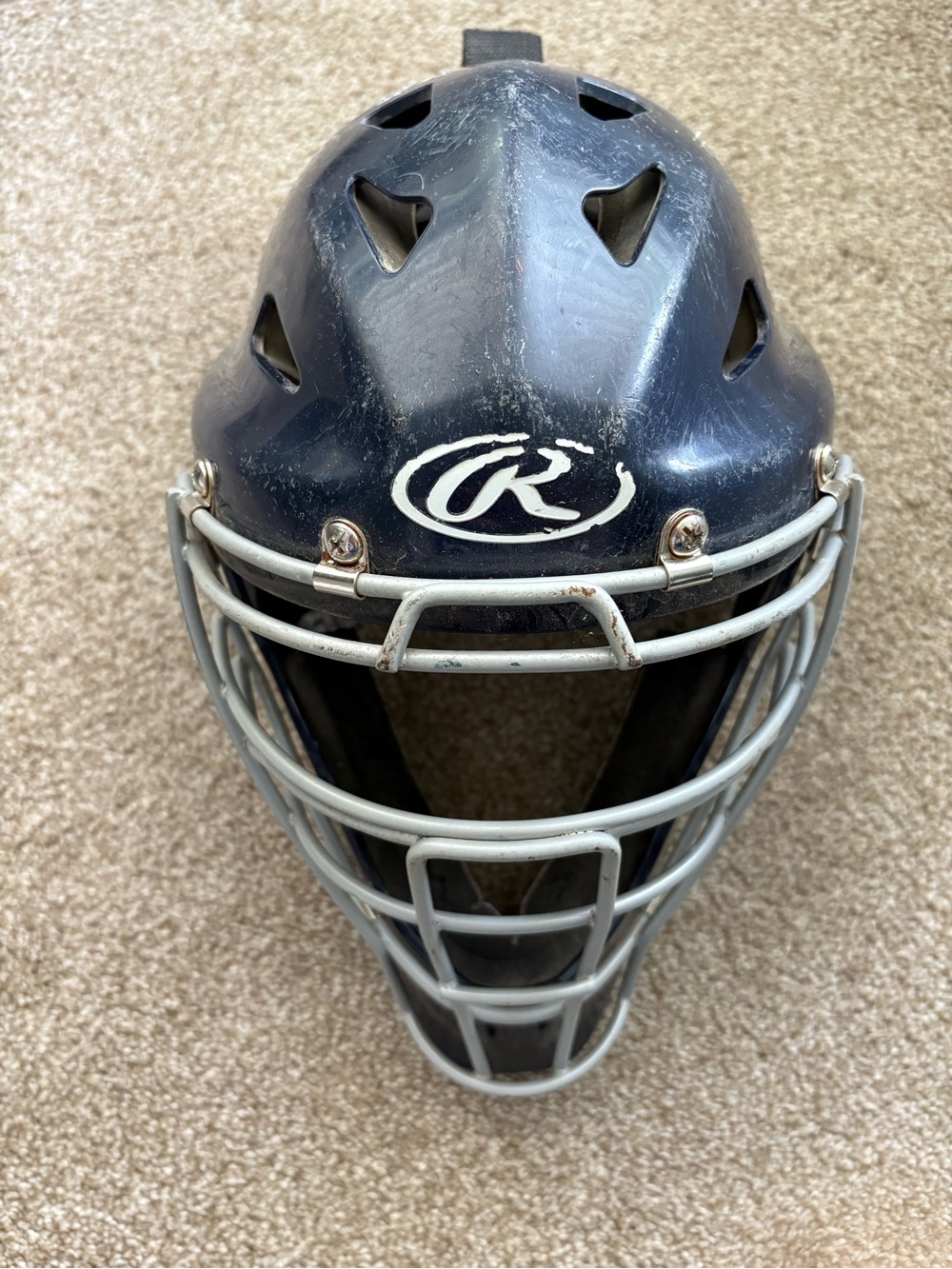 Rawlings Dark Blue Baseball Helmet Silver Cage Catcher Youth Size 6 1/2-7 Sporty